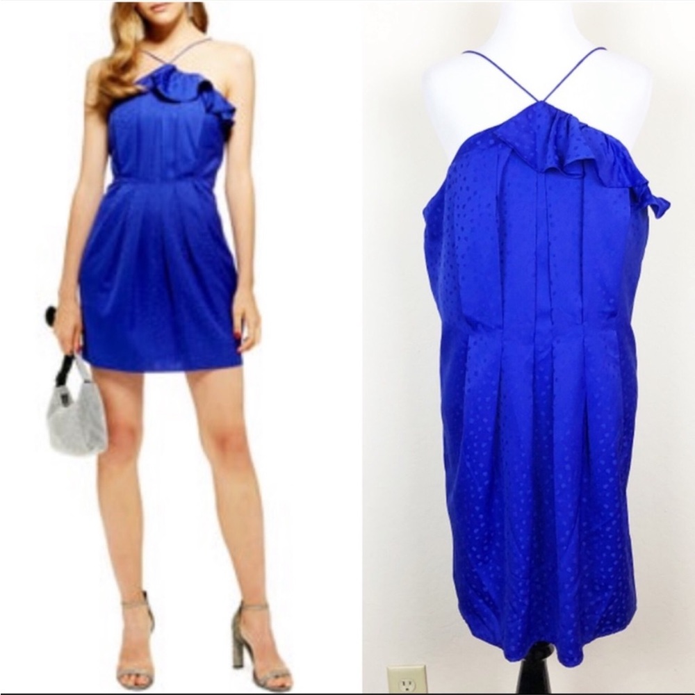 NWT TOPSHOP Deep Blue Jacquard Ruffle Mini Dress - Size 12